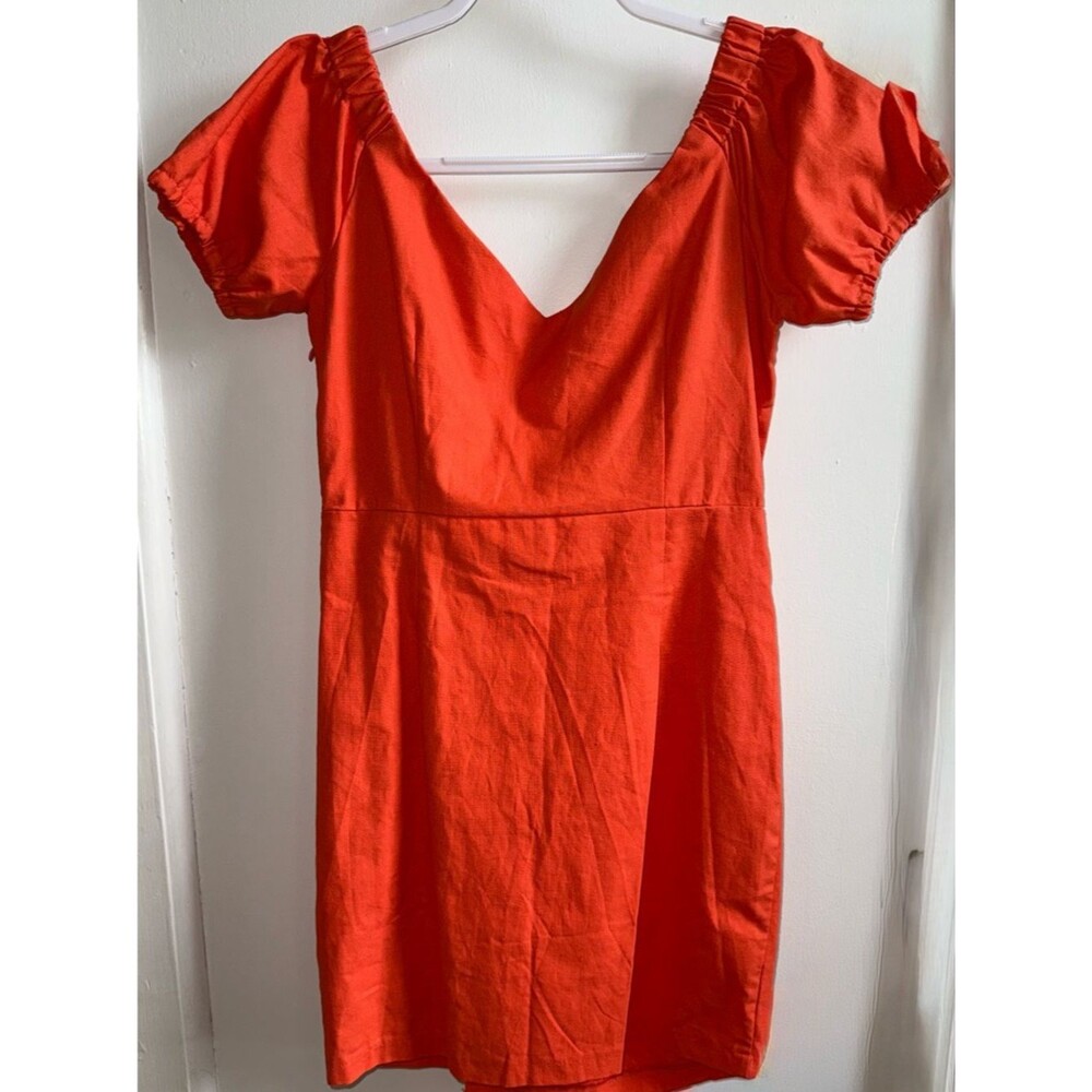 Nasty Gal NWT Linen Puff Sleeve Mini Dress Coral Orange Size 10 Summer Brunch - Picture 2 of 12